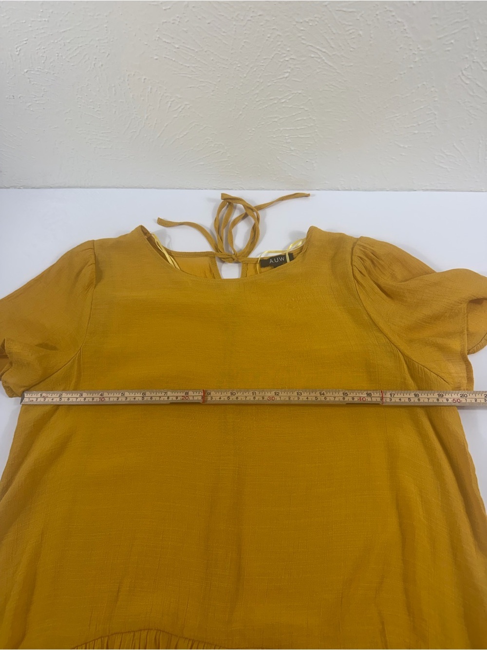 AUW Mustard High-Low Ruffle Blouse XL Boho Flowy Short Sleeve Top - Picture 5 of 7